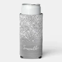 Glittery Silver Glam Script Name Seltzer Can Cooler