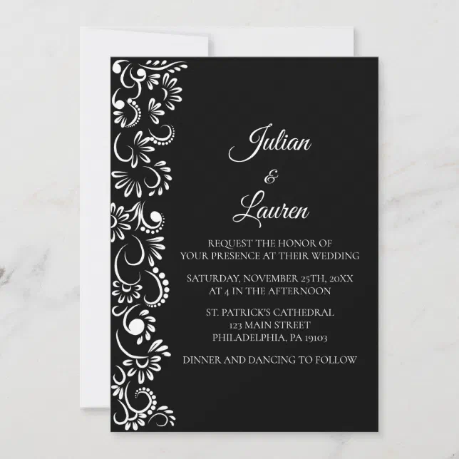 Elegant simple black and white floral wedding invitation