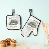 Family Cabin Watercolor Winter Pine Forest Oven Mitt & Pot Holder Set