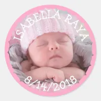 New Baby Girl Photo Announcement Classic Round Sticker