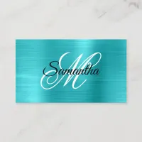 Metallic Turquoise Blue Foil Fancy Monogram Business Card