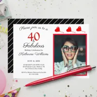 40 & Fabulous Photo Red 40th Birthday Black White Invitation