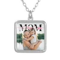 I Love You Mom Red Hearts Typography Photo Silver Plated Necklace