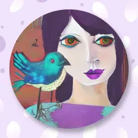 Abstract Girl and Bird Purple and Teal Classic Round Sticker