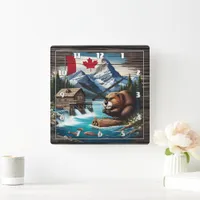 Canadian Beaver by Mountain Lake During Day Square Wall Clock