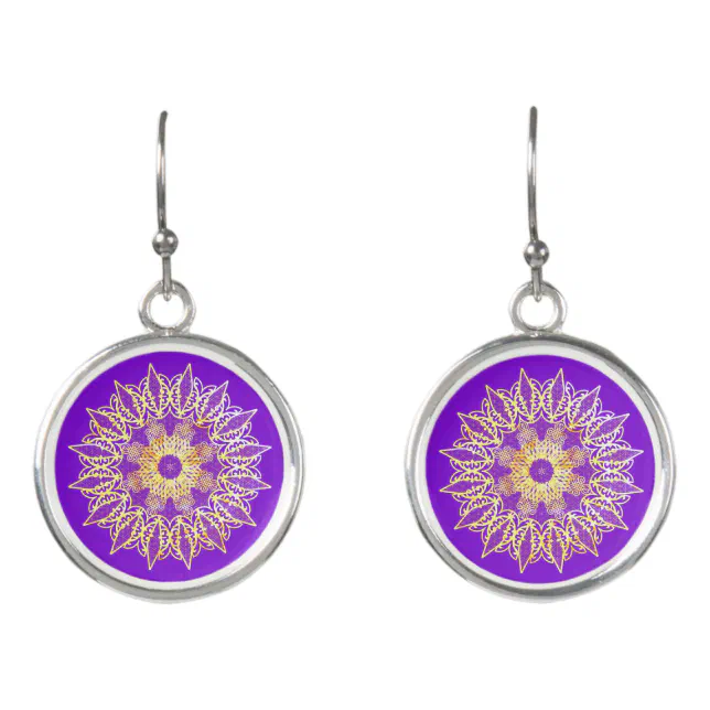 Golden laced mandala on a purple background earrings