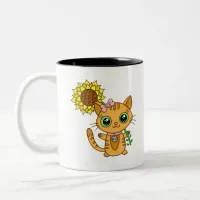 Cute Kawaii Cat Holding Flower Two-Tone Coffee Mug