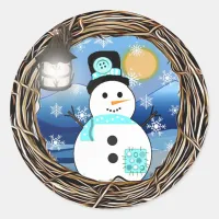 North Pole Snowman Full Moon Christmas Classic Round Sticker
