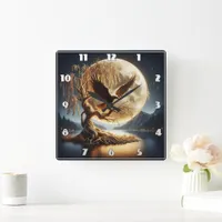 Eagle Perched on Branch Beneath Full Moon Square Wall Clock