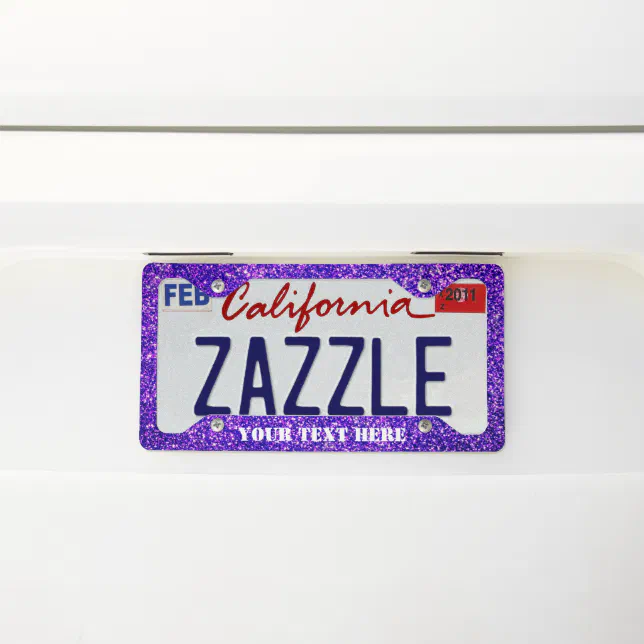 Purple glitter with custom text license plate frame
