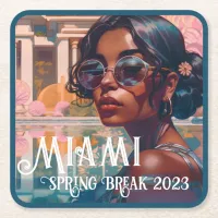 Tamil Woman Miami Resort Pool Painting Square Paper Coaster