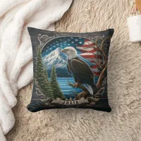 Majestic Eagle Overlooking Mountains and Flag Throw Pillow