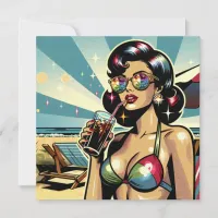 Beautiful Pinup Woman with a Cola on the Beach Card