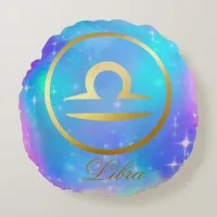 Zodiac Sign Libra Gold on Colorful Background | Round Pillow