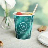 Festive Light Blue Foil Snowflakes Monogram Name Paper Cups