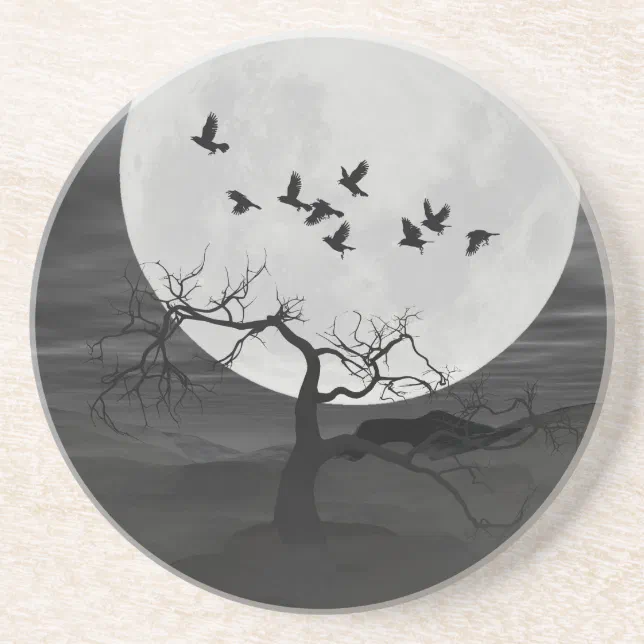 Spooky Ravens Flying Against the Full Moon Drink Coaster