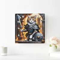 Noble Cat in Armor Holding Sword and Shield Square Wall Clock