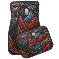 Owl in a Vibrant, Stylized Mountain Landscape Car Floor Mat