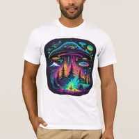 Neon UFO and Alien Scene Psychedelic Art T-Shirt