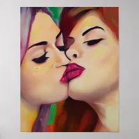 Watercolor Pride Two Women Share a Kiss Poster