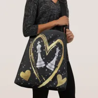 Gold Hearts King and Queen Chess Pieces on Black | Crossbody Bag