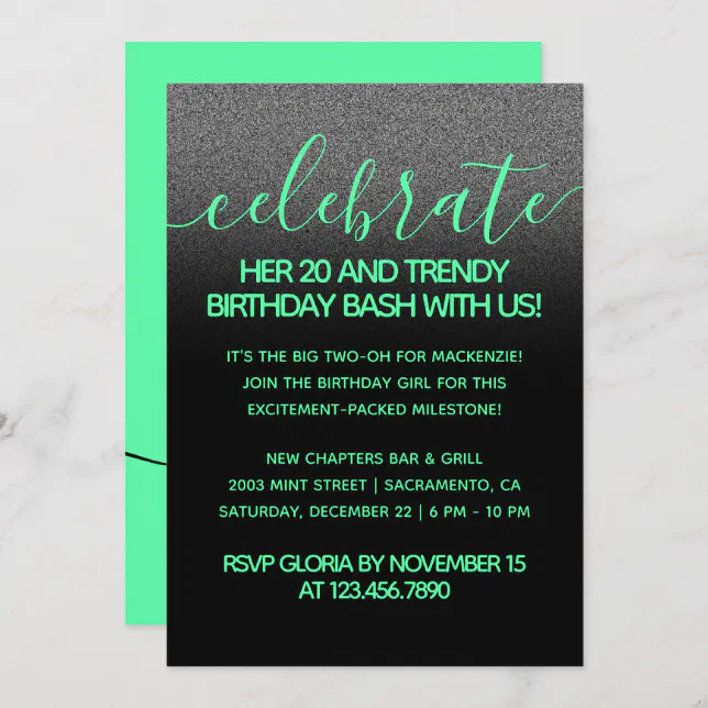 Modern Girly Mint Green 20 and Trendy Birthday Invitation