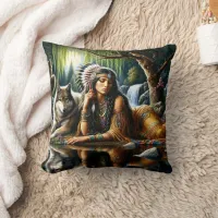 Native American Woman and Wolf By Tranquil Water Throw Pillow