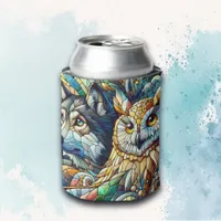 Mosaic Tile Wolf and Owl  Can Cooler