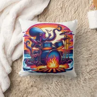 Octopus Playing Drums by a Campfire at Sunset Throw Pillow