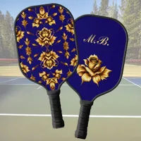 Elegant golden roses on royal blue, personalizable pickleball paddle