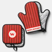 Rustic Charm Red Striped Oven Mitt & Pot Holder Set