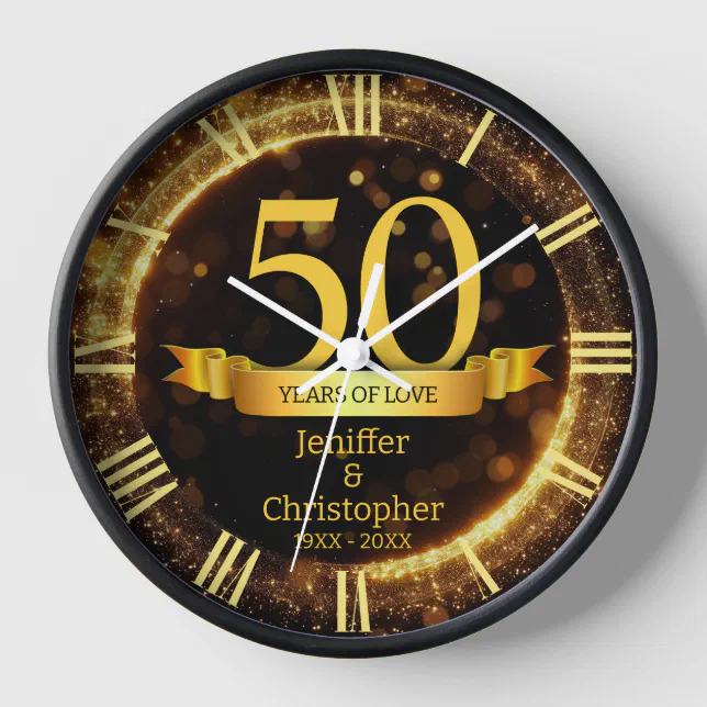 Gold & Black Glitter Edit Year Wedding Anniversary Clock