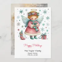 Whimsical Pink and Blue Angel Happy Holiday Card