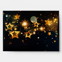 Festive Gold Stars Bokeh and Sparkles on Black Envelope