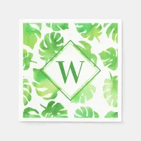 Tropical Green Watercolor Leaves Monogram Napkins