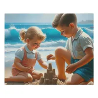 A Little Girl and Boy Building a Sandcastle   Faux Canvas Print