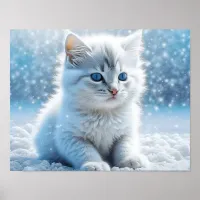Little White Kitten in Snow Christmas Poster