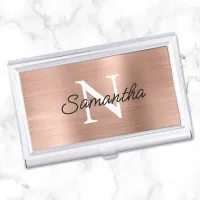 Coppery Rose Gold Faux Metallic Foil Monogram Business Card Case