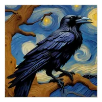 Raven in the old oak tree in a starry night  poster