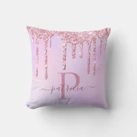 Glam Pink Glitter Drips Elegant Monogram Throw Pillow