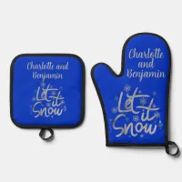 Let it Snow Blue and Silver Christmas | Oven Mitt & Pot Holder Set