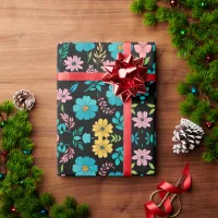 Whimsical Blossoms on Midnight Blackground Wrapping Paper