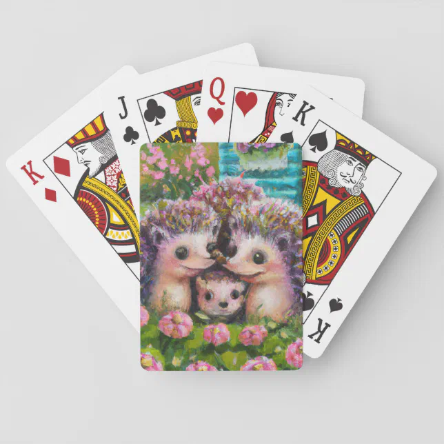 Cute Hedgehog Family in English Country Garden Poker Cards