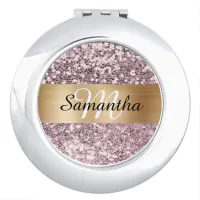 Pink Blush Glitter Gold Shimmer Foil Monogram Compact Mirror