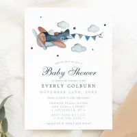 Vintage Airplane Clouds Watercolor Boy Baby Shower Invitation