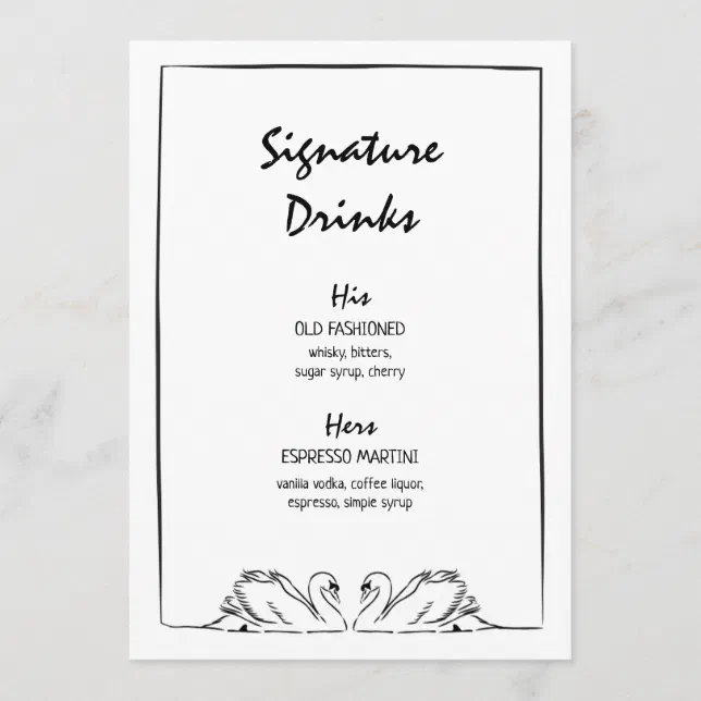 Timeless Hand Drawn Swan Signature Drinks Wedding Menu