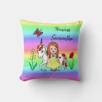 Personalized Princess and Unicorn Rainbow Girl's Throw Pillow