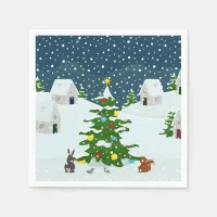 Christmas snow village with christmas tree and ani napkins