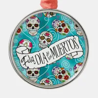 Sugar Skulls and Swirls Rose Turquoise ID725 Metal Ornament