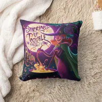 A witch brews potions under the full moon throw pillow